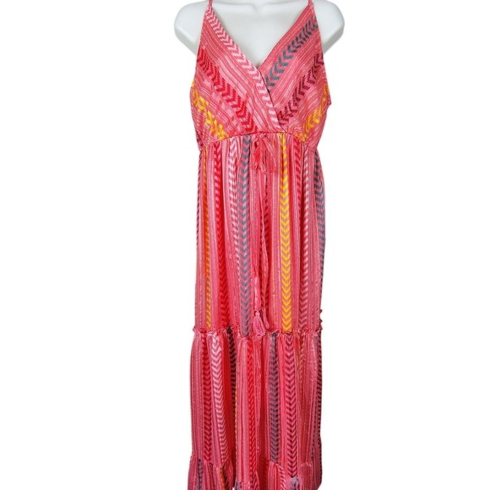 Pink‎ Chevron Metallic Tiered Maxi Dress XL Smocked Back Tassel Boho festival